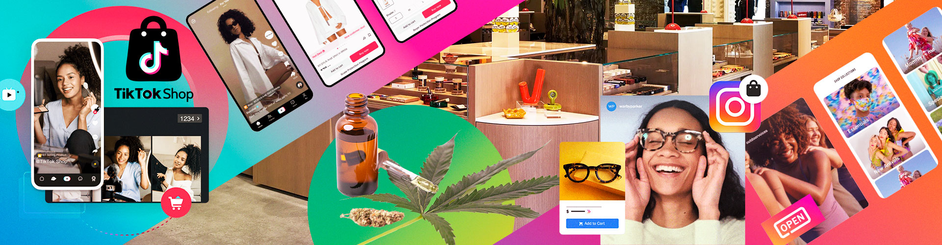 Main blog banner featuring TikTok Shop, marijuana dispensary, and Instagram Shop